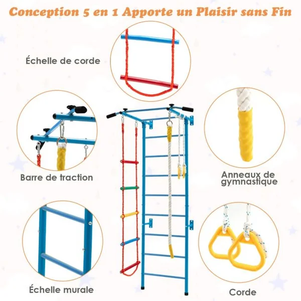 Espalier de Gymnastique Enfants Mur Escalade avec Barre de Traction Anneaux de Gym - Échelle en Tricot - Trapèze Bleu