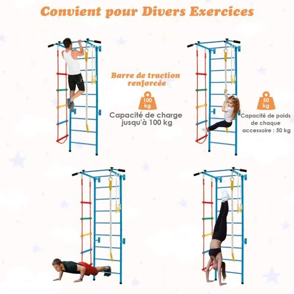 Espalier de Gymnastique Enfants Mur Escalade avec Barre de Traction Anneaux de Gym - Échelle en Tricot - Trapèze Bleu