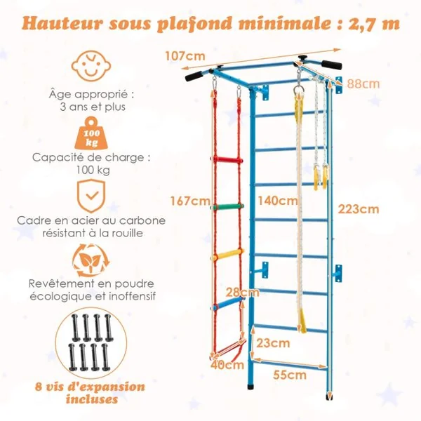Espalier de Gymnastique Enfants Mur Escalade avec Barre de Traction Anneaux de Gym - Échelle en Tricot - Trapèze Bleu