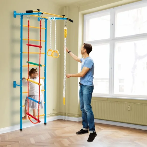 Espalier de Gymnastique Enfants Mur Escalade avec Barre de Traction Anneaux de Gym - Échelle en Tricot - Trapèze Jaune