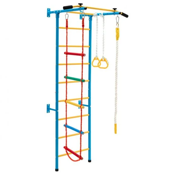 Espalier de Gymnastique Enfants Mur Escalade avec Barre de Traction Anneaux de Gym - Échelle en Tricot - Trapèze Jaune
