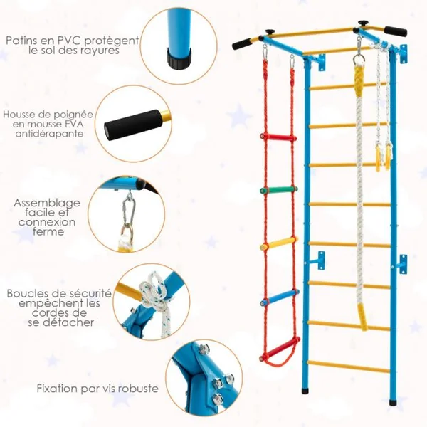 Espalier de Gymnastique Enfants Mur Escalade avec Barre de Traction Anneaux de Gym - Échelle en Tricot - Trapèze Jaune