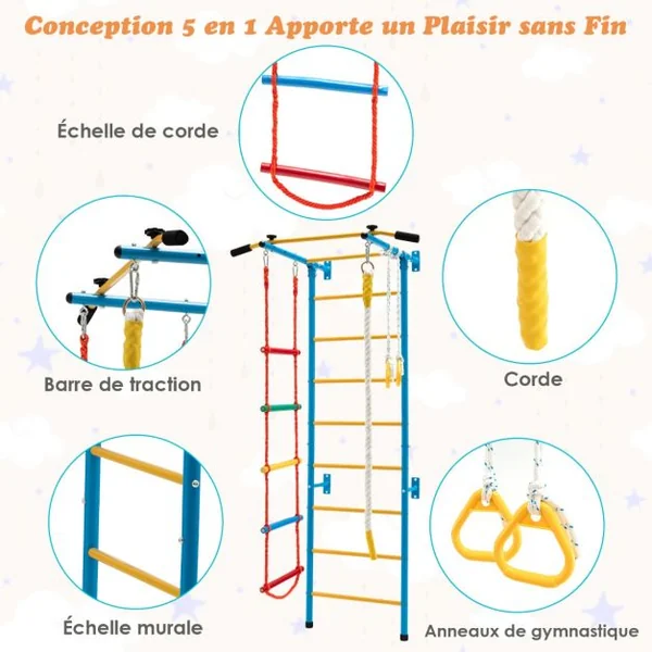 Espalier de Gymnastique Enfants Mur Escalade avec Barre de Traction Anneaux de Gym - Échelle en Tricot - Trapèze Jaune