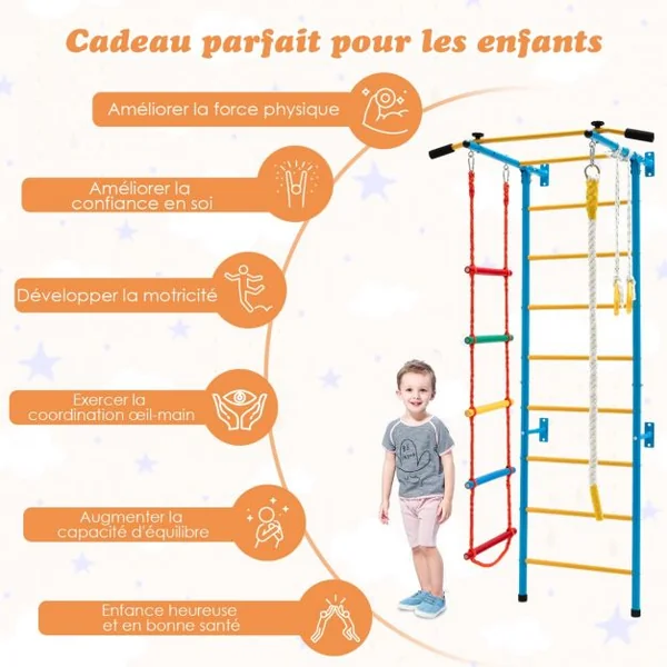Espalier de Gymnastique Enfants Mur Escalade avec Barre de Traction Anneaux de Gym - Échelle en Tricot - Trapèze Jaune
