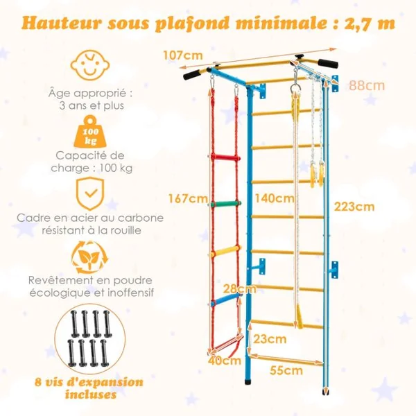 Espalier de Gymnastique Enfants Mur Escalade avec Barre de Traction Anneaux de Gym - Échelle en Tricot - Trapèze Jaune