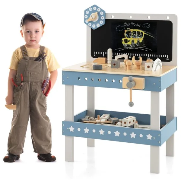 Etabli de Jeu pour Enfants Table à Outils en Bois avec 61 Pièces Jouets de Construction Atelier de Jouets de Simulation pour 3-5 Ans Bleu