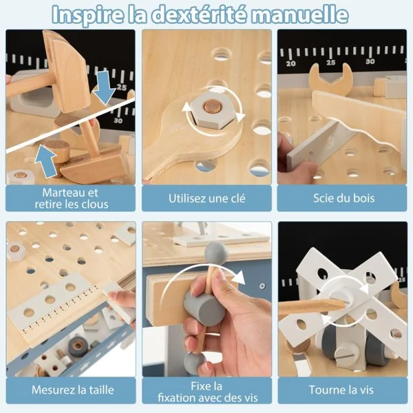 Etabli de Jeu pour Enfants Table à Outils en Bois avec 61 Pièces Jouets de Construction Atelier de Jouets de Simulation pour 3-5 Ans Bleu