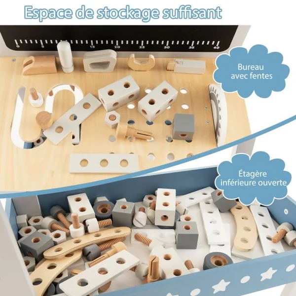 Etabli de Jeu pour Enfants Table à Outils en Bois avec 61 Pièces Jouets de Construction Atelier de Jouets de Simulation pour 3-5 Ans Bleu