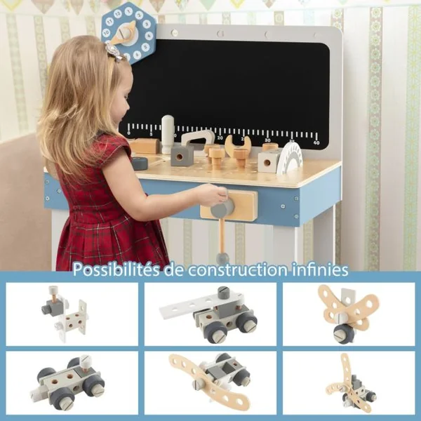 Etabli de Jeu pour Enfants Table à Outils en Bois avec 61 Pièces Jouets de Construction Atelier de Jouets de Simulation pour 3-5 Ans Bleu