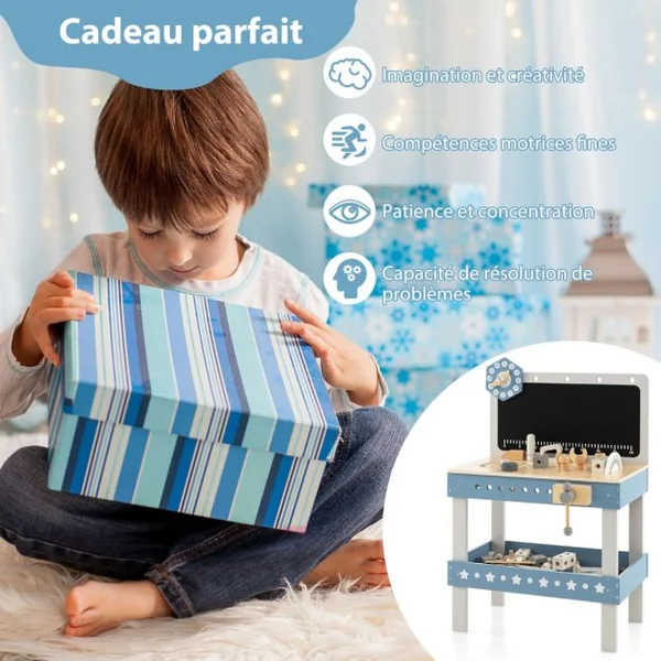 Etabli de Jeu pour Enfants Table à Outils en Bois avec 61 Pièces Jouets de Construction Atelier de Jouets de Simulation pour 3-5 Ans Bleu