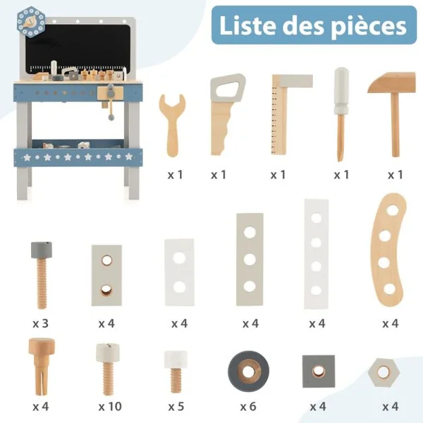 Etabli de Jeu pour Enfants Table à Outils en Bois avec 61 Pièces Jouets de Construction Atelier de Jouets de Simulation pour 3-5 Ans Bleu