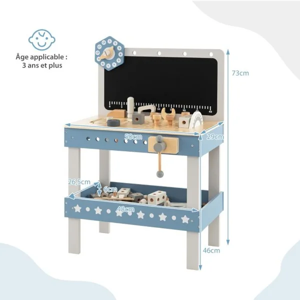 Etabli de Jeu pour Enfants Table à Outils en Bois avec 61 Pièces Jouets de Construction Atelier de Jouets de Simulation pour 3-5 Ans Bleu