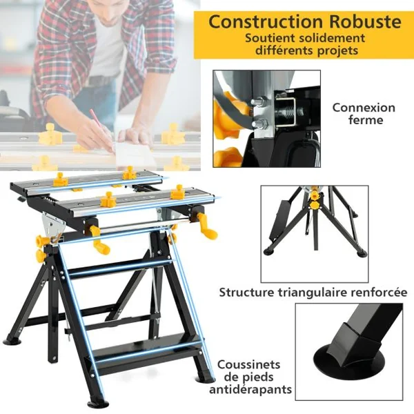 Etabli Pliant Atelier Plate-forme Inclinable 7 Hauteurs Réglables Largeur 60CM 2 Poignées de Serrage 8 Pinces Coulissantes