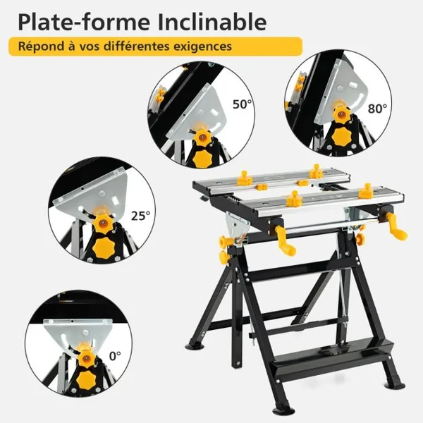 Etabli Pliant Atelier Plate-forme Inclinable 7 Hauteurs Réglables Largeur 60CM 2 Poignées de Serrage 8 Pinces Coulissantes
