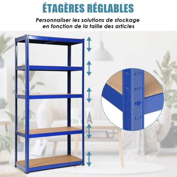 Etagère de Garage à 5 Niveaux Charge Max.175KG Etagère Ajustable 90 x 40 x 180cm Bleu