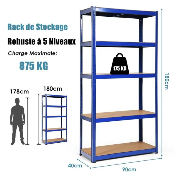 Etagère de Garage à 5 Niveaux Charge Max.175KG Etagère Ajustable 90 x 40 x 180cm Bleu