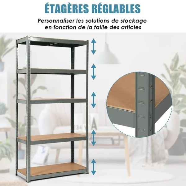 Etagère de Garage à 5 Niveaux Charge Max.175KG Etagère Ajustable 90 x 40 x 180cm Gris