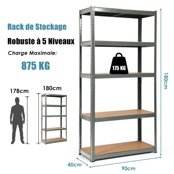 Etagère de Garage à 5 Niveaux Charge Max.175KG Etagère Ajustable 90 x 40 x 180cm Gris