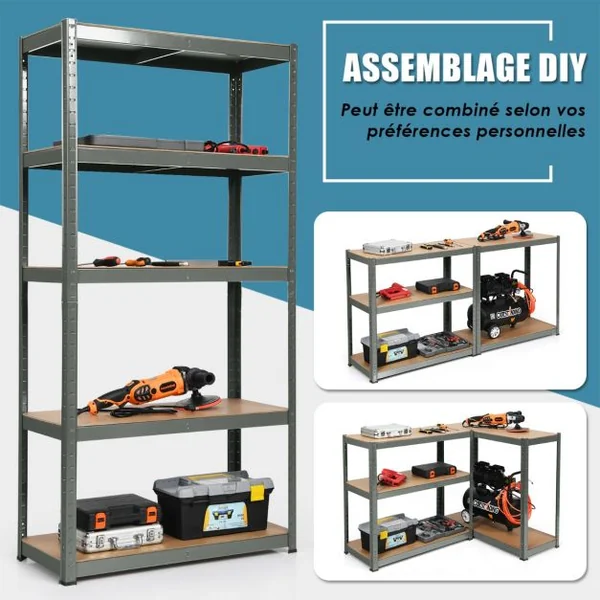 Etagère de Garage à 5 Niveaux Charge Max.175KG Etagère Ajustable 90 x 40 x 180cm Gris
