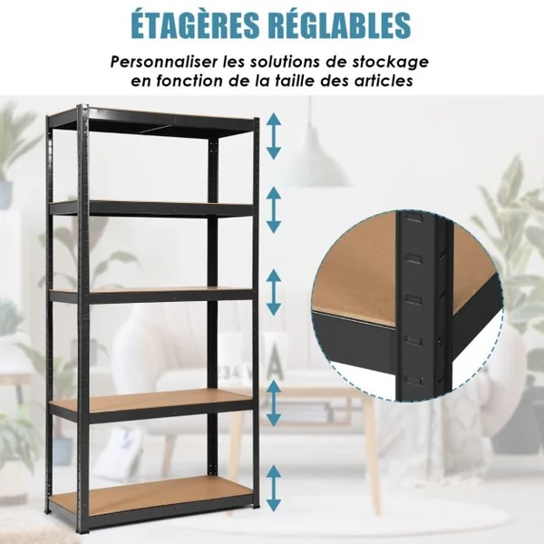 Etagère de Garage à 5 Niveaux Charge Max.175KG Etagère Ajustable 90 x 40 x 180cm Noir