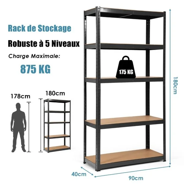 Etagère de Garage à 5 Niveaux Charge Max.175KG Etagère Ajustable 90 x 40 x 180cm Noir