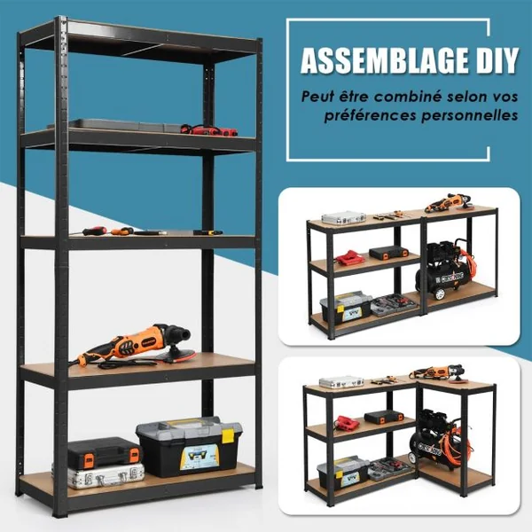 Etagère de Garage à 5 Niveaux Charge Max.175KG Etagère Ajustable 90 x 40 x 180cm Noir