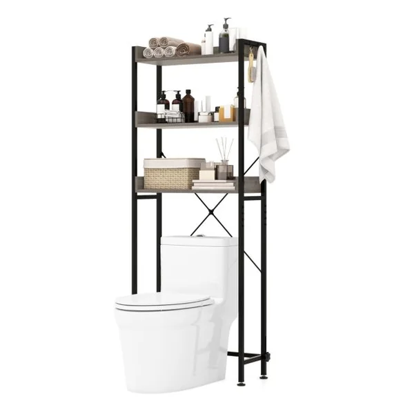 Etagère de Rangement Au-dessus des Toilettes à 3 Niveaux 4 Crochets Support Autoportant pour Toilettes Salle de Bain Buanderie Gris
