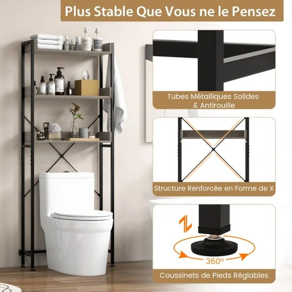 Etagère de Rangement Au-dessus des Toilettes à 3 Niveaux 4 Crochets Support Autoportant pour Toilettes Salle de Bain Buanderie Gris