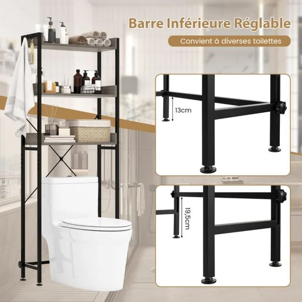 Etagère de Rangement Au-dessus des Toilettes à 3 Niveaux 4 Crochets Support Autoportant pour Toilettes Salle de Bain Buanderie Gris
