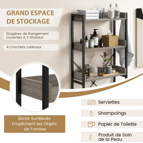 Etagère de Rangement Au-dessus des Toilettes à 3 Niveaux 4 Crochets Support Autoportant pour Toilettes Salle de Bain Buanderie Gris