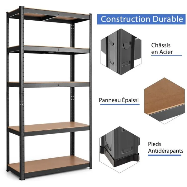 Etagère de Rangement Métallique à 5 Niveaux pour Charges Lourdes et Grande Capacité Tablettes en MDF 75x30x150cm Noir/Bleu