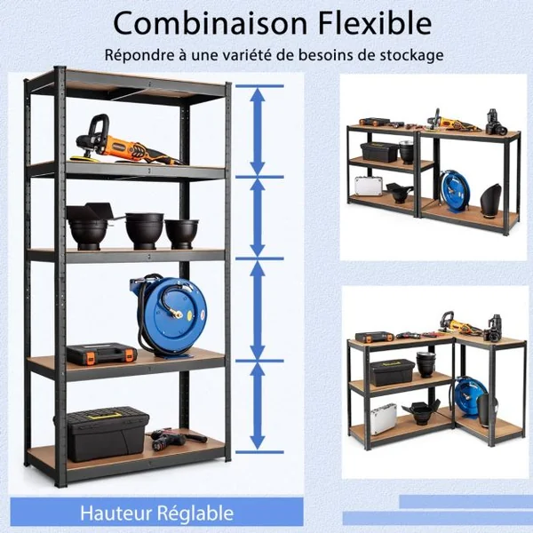 Etagère de Rangement Métallique à 5 Niveaux pour Charges Lourdes et Grande Capacité Tablettes en MDF 75x30x150cm Noir/Bleu