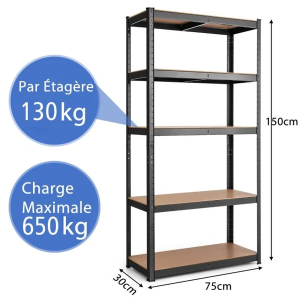 Etagère de Rangement Métallique à 5 Niveaux pour Charges Lourdes et Grande Capacité Tablettes en MDF 75x30x150cm Noir/Bleu