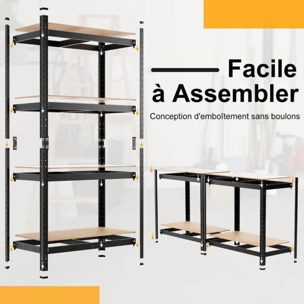 Etagère de Rangement à 4 Niveaux Stockage Rayonnage d’Atelier en Acier et MDF Capacité 520 kg 40x80x160cm Noir