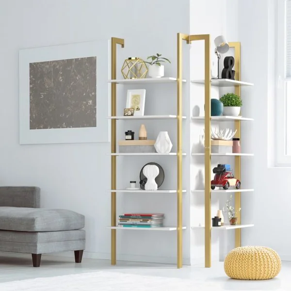 Etagère Echelle en MDF Noir avec 5 Niveaux Etagère de Rangement Blanc