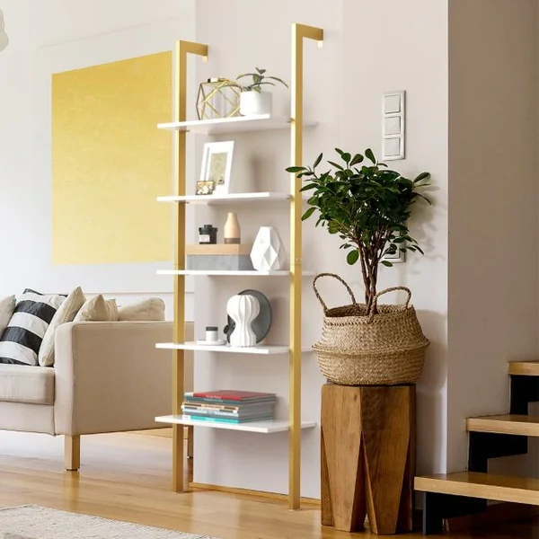 Etagère Echelle en MDF Noir avec 5 Niveaux Etagère de Rangement Blanc
