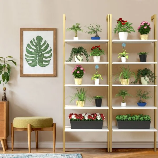 Etagère Echelle en MDF Noir avec 5 Niveaux Etagère de Rangement Blanc