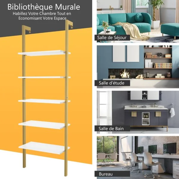 Etagère Echelle en MDF Noir avec 5 Niveaux Etagère de Rangement Blanc