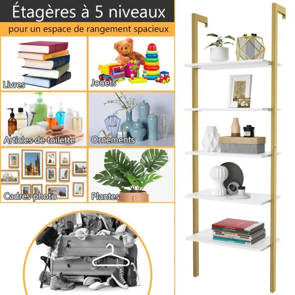 Etagère Echelle en MDF Noir avec 5 Niveaux Etagère de Rangement Blanc