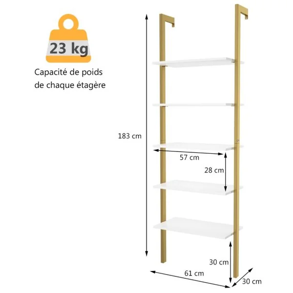 Etagère Echelle en MDF Noir avec 5 Niveaux Etagère de Rangement Blanc