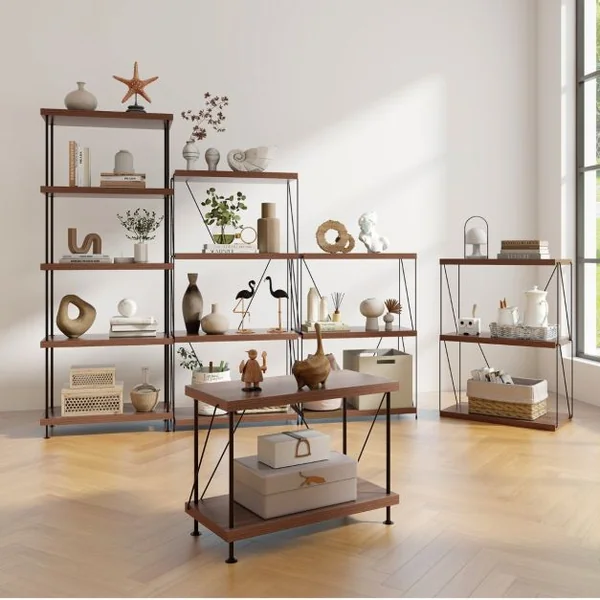 Etagère à 2 Niveaux Bibliothèque Autoportante avec Cadre en Métal Étagère de Rangement de Style Industriel Finition Grain de Bois Noyer