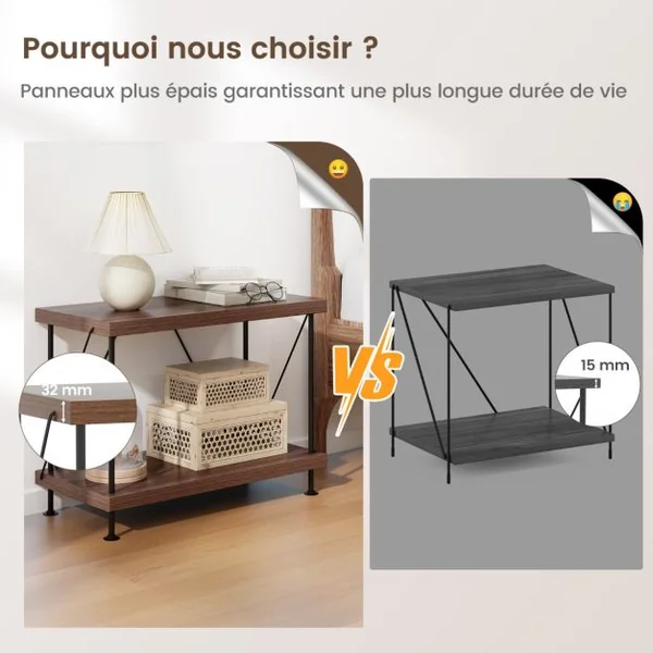 Etagère à 2 Niveaux Bibliothèque Autoportante avec Cadre en Métal Étagère de Rangement de Style Industriel Finition Grain de Bois Noyer