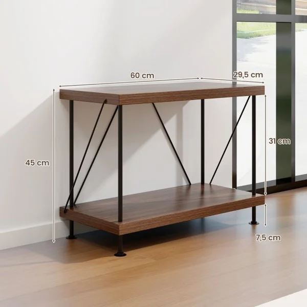 Etagère à 2 Niveaux Bibliothèque Autoportante avec Cadre en Métal Étagère de Rangement de Style Industriel Finition Grain de Bois Noyer