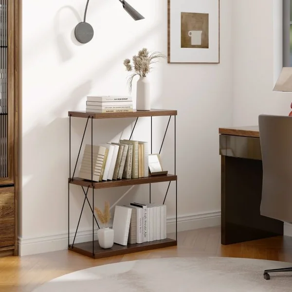 Etagère à 3 Niveaux Bibliothèque Autoportante avec Cadre en Métal Étagère de Rangement de Style Industriel Finition Grain de Bois Brun