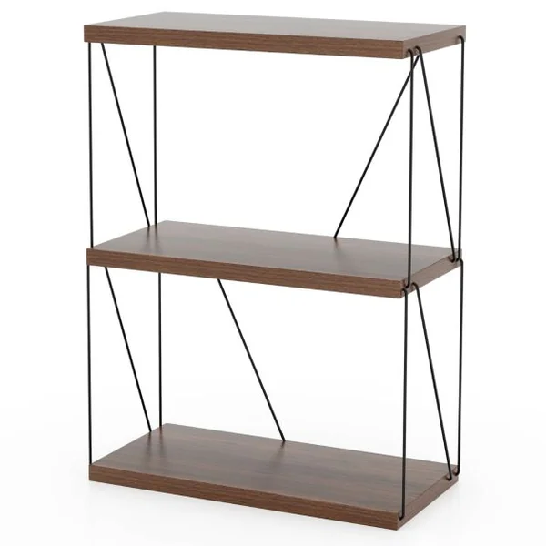 Etagère à 3 Niveaux Bibliothèque Autoportante avec Cadre en Métal Étagère de Rangement de Style Industriel Finition Grain de Bois Brun