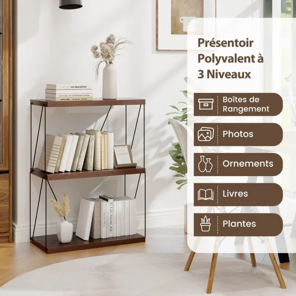 Etagère à 3 Niveaux Bibliothèque Autoportante avec Cadre en Métal Étagère de Rangement de Style Industriel Finition Grain de Bois Brun