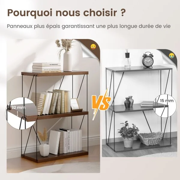 Etagère à 3 Niveaux Bibliothèque Autoportante avec Cadre en Métal Étagère de Rangement de Style Industriel Finition Grain de Bois Brun