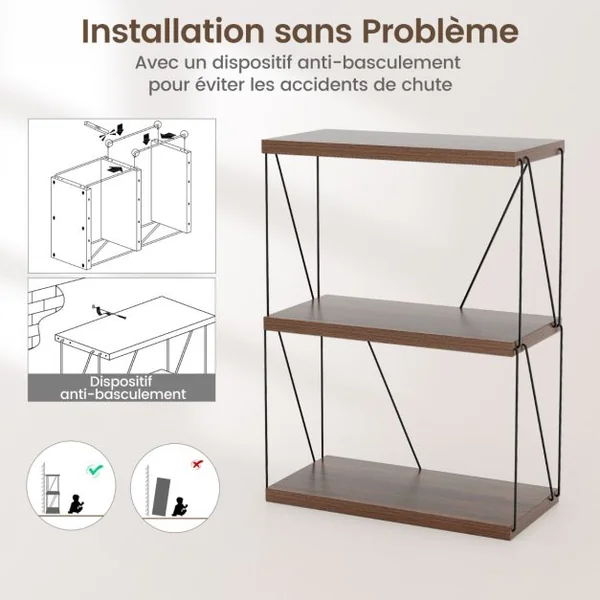 Etagère à 3 Niveaux Bibliothèque Autoportante avec Cadre en Métal Étagère de Rangement de Style Industriel Finition Grain de Bois Brun
