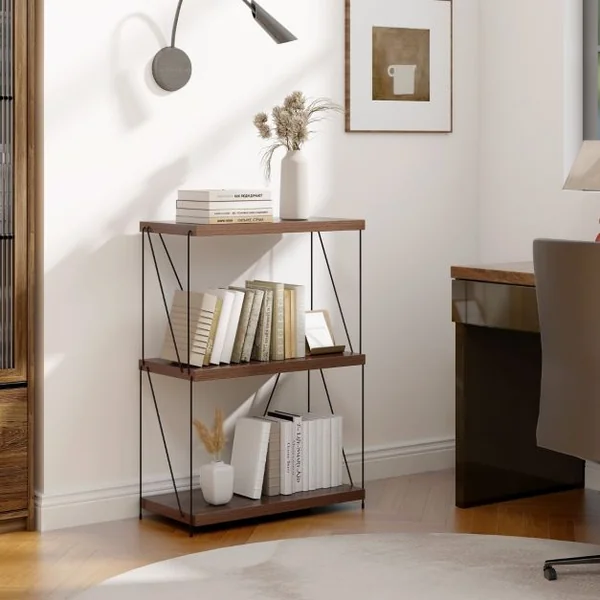 Etagère à 3 Niveaux Bibliothèque Autoportante avec Cadre en Métal Étagère de Rangement de Style Industriel Finition Grain de Bois Noyer