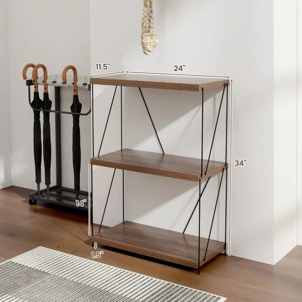 Etagère à 3 Niveaux Bibliothèque Autoportante avec Cadre en Métal Étagère de Rangement de Style Industriel Finition Grain de Bois Noyer